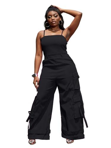 Tbahhir Sleeveless Jumpsuit for Women Sexy Strap High Rise Wide Leg Jumpsuits Romper Cargo Jumpers Casual Outfits Fall L