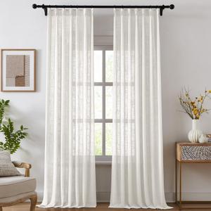 Pinch Pleated Linen Curtains for Living Room, Light Filtering Sheer Curtains 90 inches Long, Farmhouse Natural Pinch Pleat Drapes, Semi Sheer Window White Curtain with Hooks 2 Panels