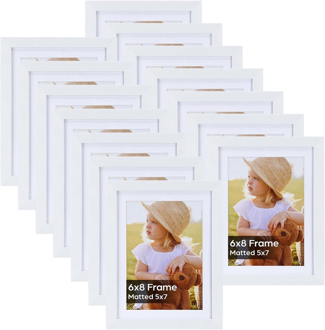 Lyeasw White 5x7 Picture Frame Set of 15, Display Pictures 5x7 with Mat or 6x8 without Mat, Multi Photo Frames for Wall Mounting or Tabletop Display