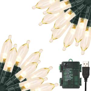 Green Convenience Christmas Lights 33ft 100 LED Battery String Lights with Timer Memory Function USB or Battery Powered Waterproof String Lights for Indoor Outdoor Decoration (Warm White)