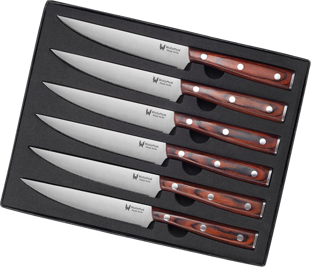 Set of 6 Steak Knives - Sturdy Full Tang Wood Handle, Fine Serrated Sharp Edge for Smooth Cutting - High Carbon German Stainless Steel - 5'' Dinner Knife Set with Gift Box