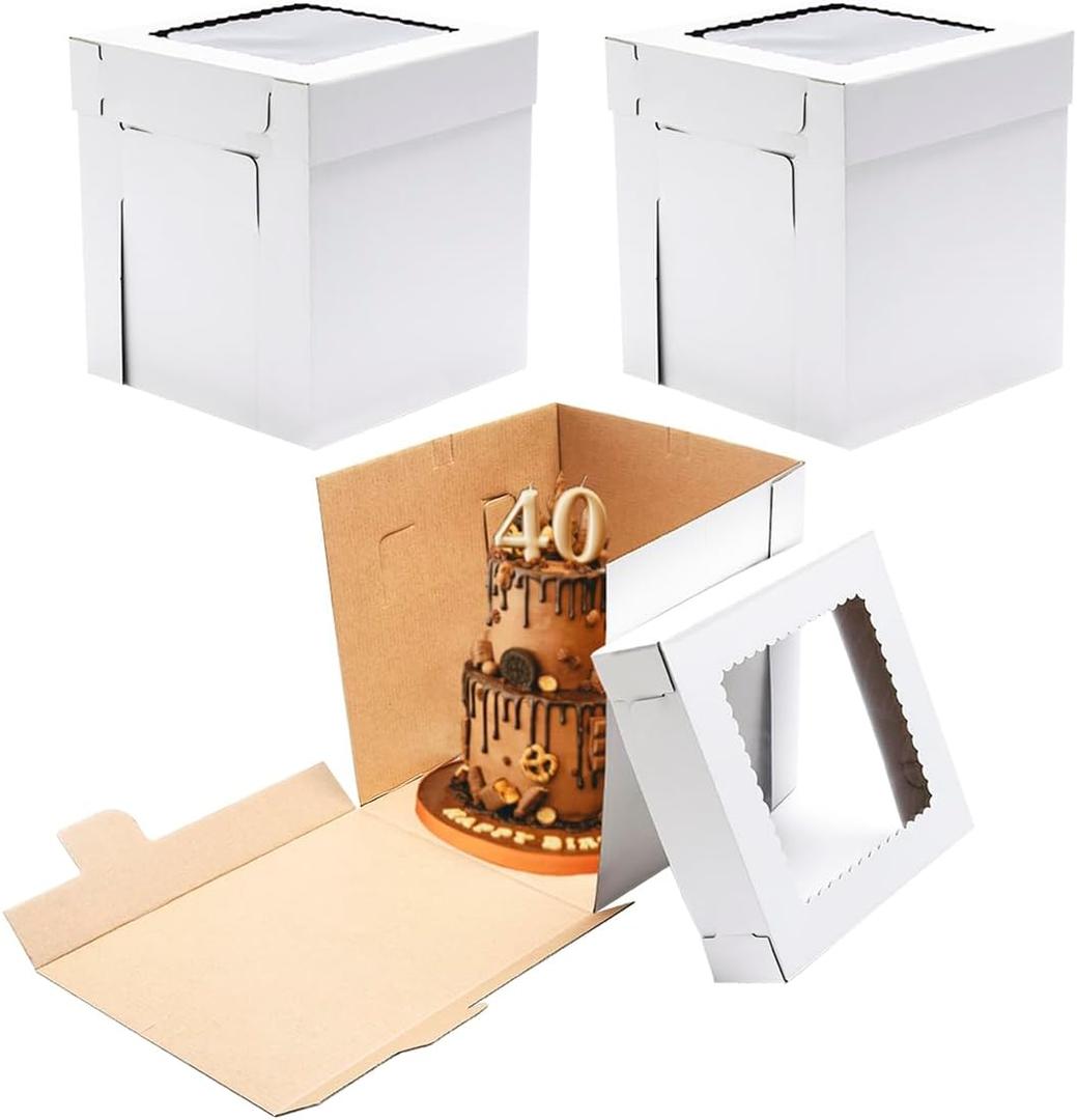 14x14x14 Inches 3 Pack,Tall Cake Boxes for Tier Cakes,Wedding Cake Boxes with Window,Layer Cake Carrier,Disposable Cake Containers
