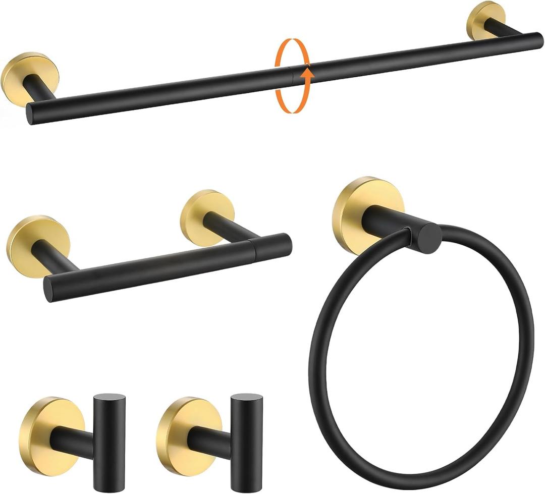 TURS Black and Gold 5 Piece Bathroom Hardware Set, SUS304 Stainless Steel Gold Black Towel Bar Set, 24 Inch Rould Bathroom Accessories Kit Wall Mounted