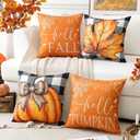 Artscope Fall Pillow Covers 18x18 Inch Set of 4, Hello Fall Hello Pumpkin Buffalo Plaid Maple Leaves Harvest Outdoor Decorative Farmhouse Pillow Cases for Home Sofa Couch-Orange B