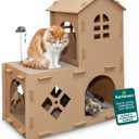 Furhaven Cardboard Cat House Farmhouse Playground, Multi-Level Cat Hideout Scratcher with Detachable Hanging and Spring Toys