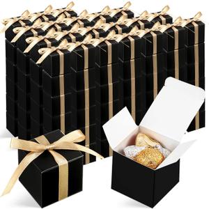 Jutom 100 Pcs Mini Favor Boxes Extra Small Candy Boxes Paper with Gold Ribbon for Christmas Thanksgiving Day Birthday Wedding Anniversary Supplies(2 x 2 x 2 Inch, Black)