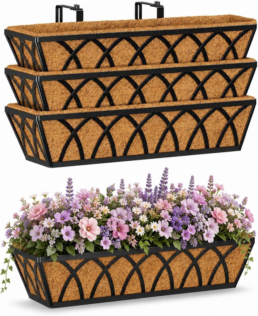 Y&M 4pcs 24 Inch Planter, Metal Window Boxes with Coco Liner, Indoor Outdoor Hanging Flower Planter for Garden, Lawn, Balcony, Porch, Fence, Patio Rail