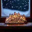 Bdor Lighted Ceramic Christmas Village Decor  11" White LED House Scene with Golden Merry Christmas Sign  Battery Operated Holiday Tabletop Decoration for Mantel, Shelf, or Window