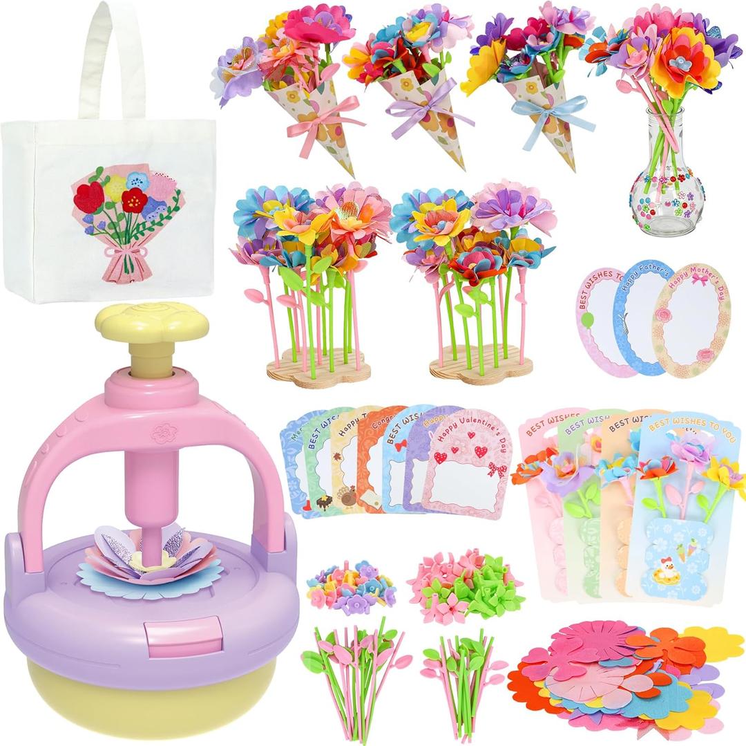 DIY Flowers Craft Kit for Girls, Flower Bouquet Maker Machine with 120 Fabric Petals, 14 Greeting Cards, Gift Wrap, Vase & Storage Bag, Creative Floral Arts and Crafts Toy for Kids Ages 3-12 (purple)