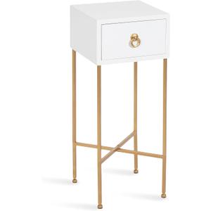 Kate and Laurel Decklyn Decorative Glam Tea Table; 12 x 12 x 30; White and Gold; Modern Living Room Drink Table with Pull Drawer for Useful Storage