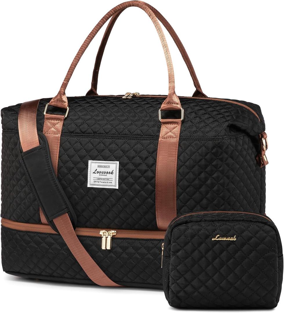 LOVEVOOK Travel Duffle Bag,Weekender Bags for Women with Shoe CompartmentCarry on Overnight Bag with Toiletry Bag,Gym Duffel Bag with Wet Pocket, Hospital Bags for Labor and Delivery (Large-2 Pcs, Black&Brown)