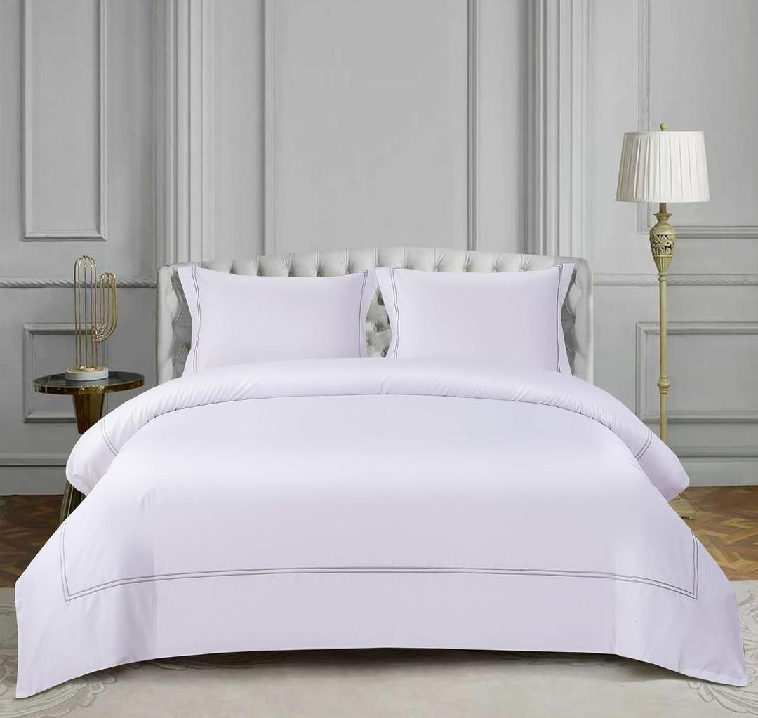 100% Cotton Duvet Cover Set Soft Comfortable with Embroidery Design 3 Pcs Sateen Weave Home Bedding Set (White & Grey, Queen)