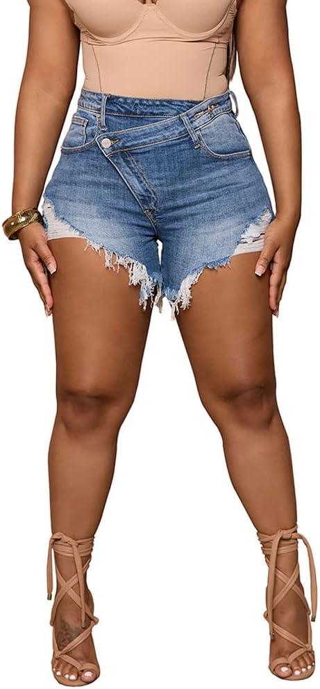 PINSV Women's High Waisted Crossover Denim Shorts (Large, Light Blue)