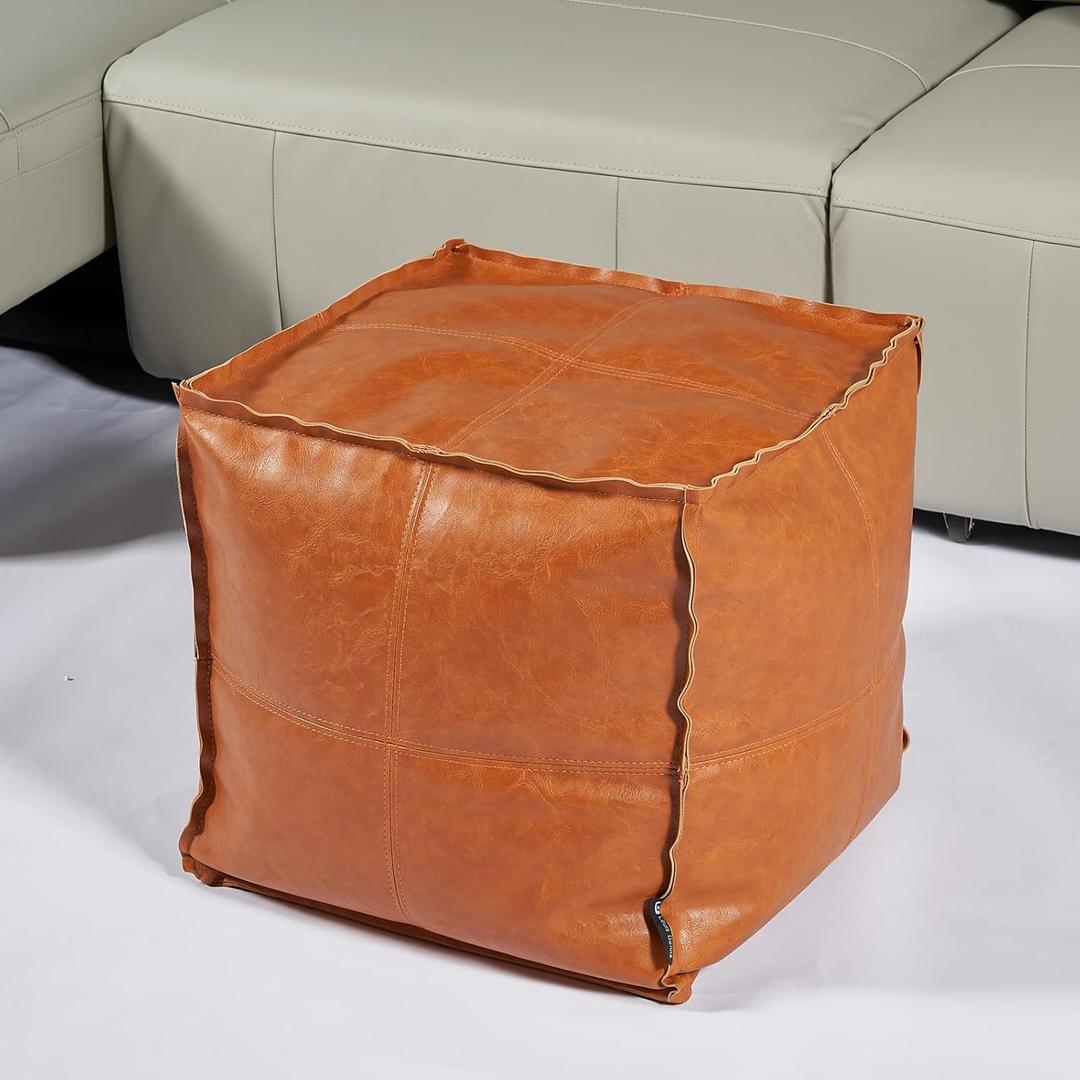 Louis Donn Moroccan Unstuffed Pouf Cover, Faux Leather Poofy Ottoman Footstool For living room Decoration Square Foot Rest for Storage Orange Floor Cushion Footrest 17.7 Inch (Only Cover) (No Filler)