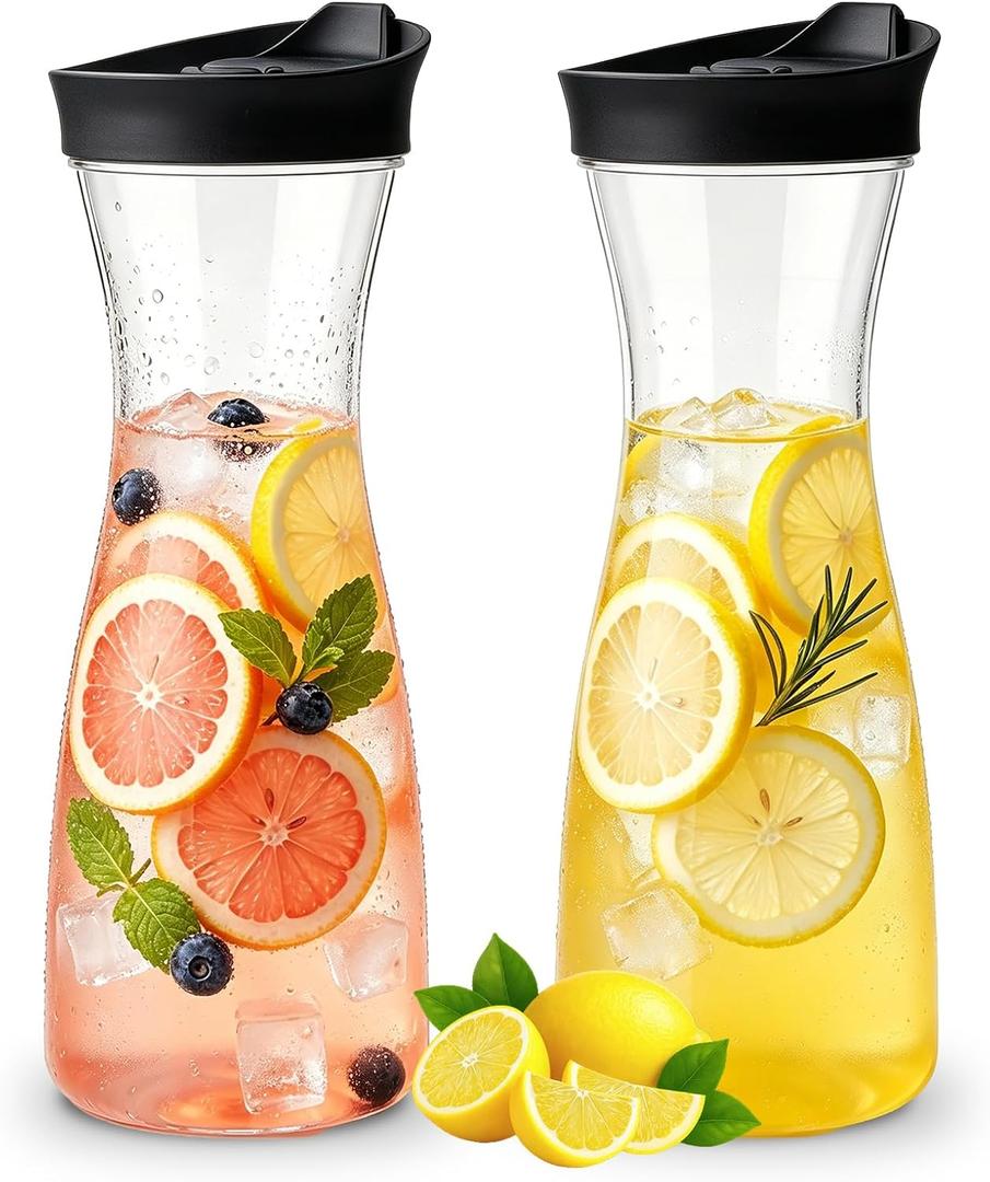 2 x Plastic Water Carafe, Leak-Proof Flip Lid Design, 35oz/51oz Capacity for Juice, Iced Tea, Lemonade, Suitable for Kitchen, Refrigerator, Picnics, Parties, Restaurants (2, Black lid, 35 oz)