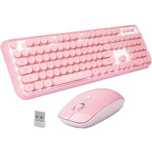 Wireless Keyboard and Mouse | Cute Colorful Keyboard and Mouse with 2.4GHz Cordless Retro Typewriter Keyboard | Auto-Sleep | USB Receiver for Windows PC/Laptop - Pink