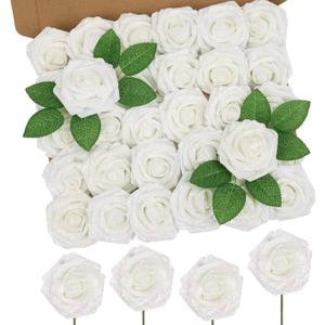 MACTING 30PCS Artificial Glitter Roses Real Looking Fake Flowers with Stem White Foam Roses for Wedding Bouquet Centerpieces Party Wreath Home Easter Spring Mothers Day Decorations