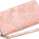 Wallet Women Clutch Leather Wristlet Wallet Fashion Embossed RFID Blocking Credit Card Holder with Strap (Light Pink)