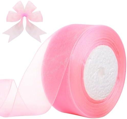 Partyeah 1-1/2 Inch x 50 Yards Sheer Organza Ribbon Chiffon Ribbon for Gift Wedding Flower Bouquet Wrapping Decorations Crafts (Light Pink)