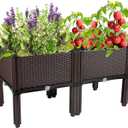 Raised Garden Bed with Legs Plastic Elevated Planters for Outdoor Plants Box Kits for Garden Patio Deck Balcony with Drainage Holes to Planting Flowers, Vegetables, Tomato and Herbs (31.5"(l)x16"(w)x17.3"(h)/Brown)
