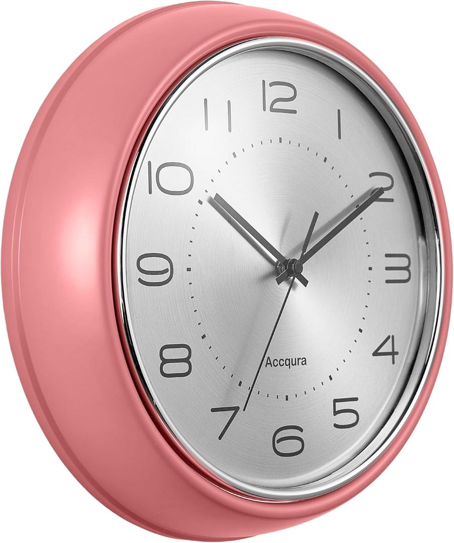 12 Inch Vintage Retro Wall Clock, Silent Non-Ticking Metal Dial & Domed Glass Battery Operated, Design for Kitchen Living Room, Bedroom,Office (Coral Pink)