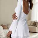 Women Sexy Boat Neck Backless Mesh Mini Dress Solid Slim Fit Bell Long Sleeve Self Tie Back Sheer Short Dresses (White, M)