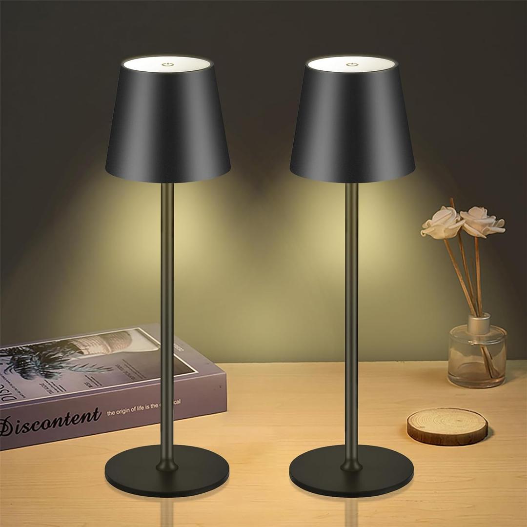 Cordless Table Lamps USB Rechargeable Lamp Simplicity Desk Lamp Built-in 4600 mAh Battery LED Battery Operated lamp with Touch Control Table lamp - Bedroom/Desk/Reading/Patio(2Pcs-Black)