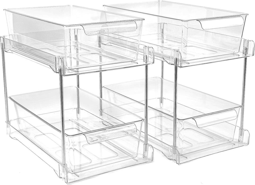 2 Pack 2-Tier Bathroom Under Sink Organizers and Storage - Clear Stackable Containers for Kitchen, Pantry, Vanity, Medicine Cabinet, Makeup, and Counter with Pull-Out Track
