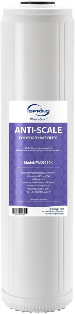 iSpring FWDS150K Anti-Scale Replacement Cartridge for WDS150K Whole House Water Filter, 20" x 4.5", White, Lasts Up to 12 Months, 1-Pack