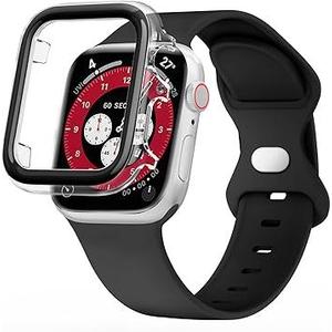 DABAOZA Compatible for Sport Apple Watch Band 41mm 40mm 38mm 42mm 46mm 45mm 44mm 49mm with Bumper Case, Women Men Soft Silicone Strap for iWatch Series 10 9 8 7 6 / SE 5 4 3 2 1 Ultra (Blue green+Silver)