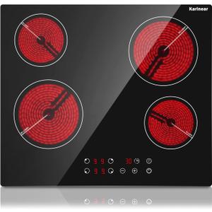 Karinear Drop-in 4 Burner Electric Cooktop 24 Inch Electric Radiant Cooktop, Electric Stove Top with Residual Heat Indicator, Child Safety Lock, Timer, 220-240V, 6000W, Hard Wire(No Plug)