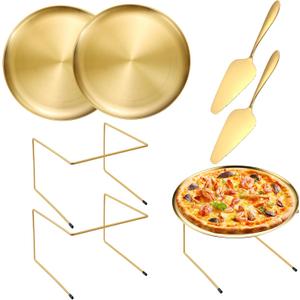 GRETJOB 6 Pcs Pizza Pan Riser Stand Set, 2 Metal Pizza Table Stands + 2 Nonstick Pizza Pans + 2 Pie Servers, Gold Pizza Rack & Tray for Baking, Dessert, Cheese, Party, and Restaurant Use (Gold 2Pcs)