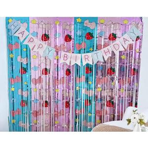 Pink Bow Birthday Decorations | 3.3x6.6ft Tinsel Fringe Backdrop with Banner 3 Pack Party Supplies for Girls Theme Party | Blue & Pink Foil Streamers