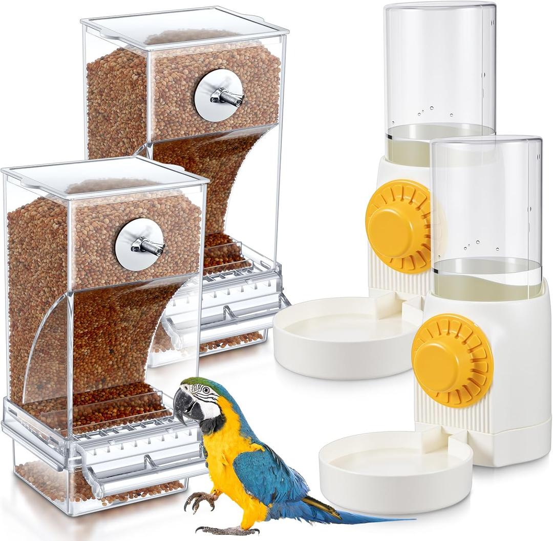 4 Pcs No Mess Small Bird Feeder Parakeet Water Dispenser Set Automatic Clear Parakeet Feeder Acrylic Watered Cage Accessories for Canary Budgie Lovebirds Finches(White)