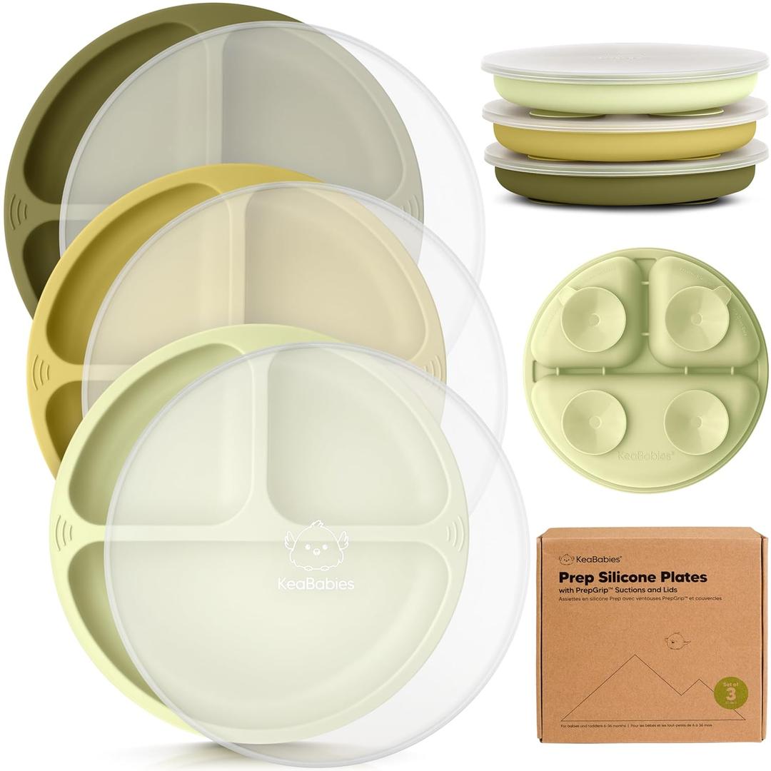 KeaBabies Suction Plates with Lids for Baby - 3-Pack 100% Silicone Toddler Plates with Suction, Divided, BPA-Free Baby Led Weaning Essentials for Kids, Dishwasher, Microwave Safe, Durable (Olives)