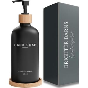 Black Glass Hand Soap Dispenser Bathroom Set by Brighter Barns - Bathroom Soap Dispenser Set with Tray - Glass Pump Bottle - Luxury Bathroom Accessories for Hotel, Vacation Rental, Restaurants (Black)