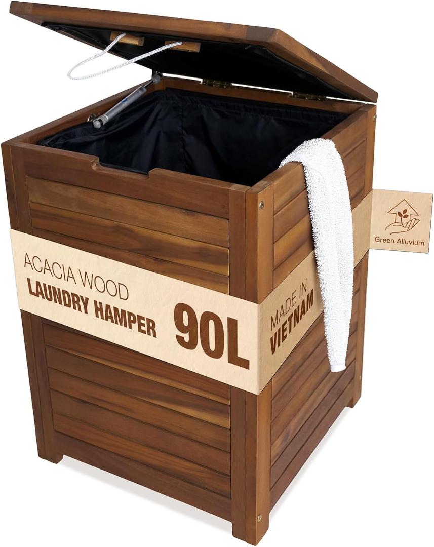 Acacia Wood Laundry Hamper With Lid, Handles And Removable Liner Bag, Tall 90L - Large Wood Laundry Basket - Clothes Hamper For Bedroom Aesthetic, Bathroom, Laundry Room, Family-Sized