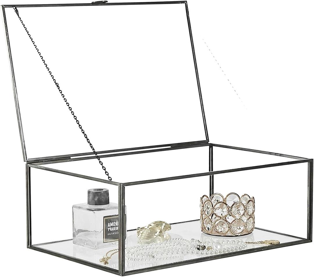 HighFree Vintage Glass Box with Lid - Clear Jewelry Glass Display Box Keepsake Box - Home Decor Decorative Box for Trinket Rings Bracelet (Black, Large)