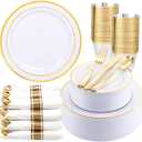 350Piece Gold Dinnerware Set for 50 Guests - Gold Plastic Plates with Disposable Cutlery Include:50Dinner Plates-50Dessert Plates-50Pre Rolled Napkins with Silverware for Christmas (White and Gold)