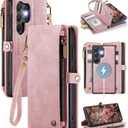 Defencase for Samsung Galaxy S24 Ultra Magnetic Wallet Case Compatible with Magsafe with RFID Blocking Zipper & Card Holder Women, PU Leather Detachable Phone Case for Galaxy S24 Ultra 6.8", Rose Pink