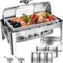13 QT Roll Top Chafing Dish Buffet Set, Stainless Steel Food Warmer with Perspective Window for Parties, Birthday, Hotels and Weddings,1 Full&2 Half&3 Third Size Food Pan and 1 Water Pan