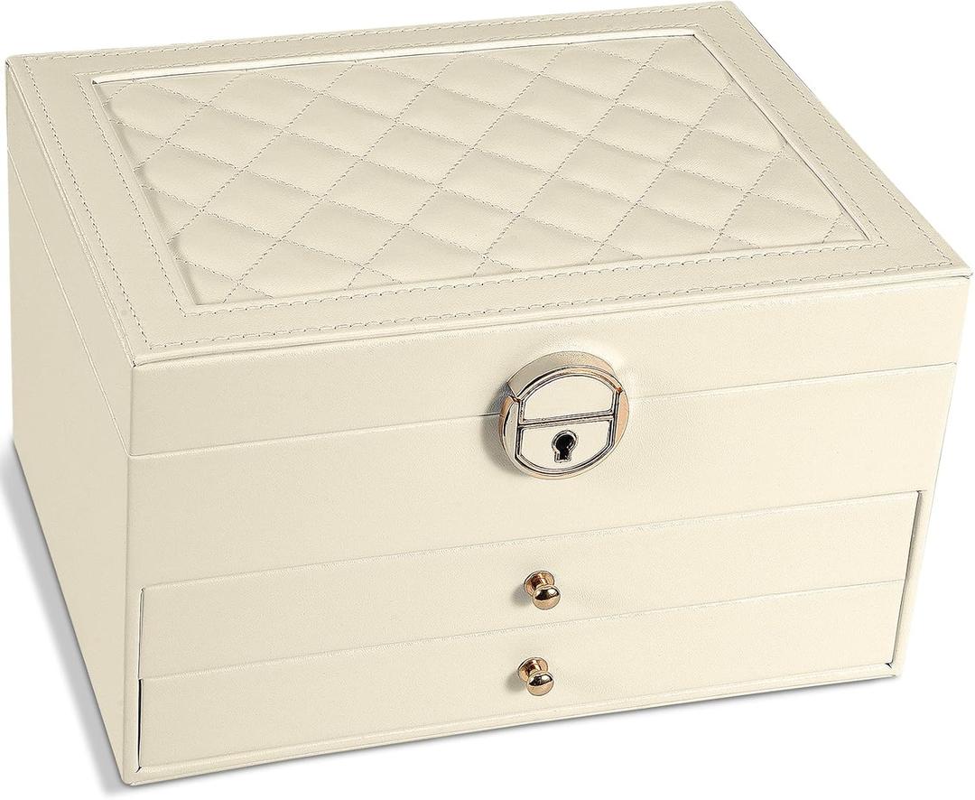 GUOER Jewelry Box for Women Girl Wife 3 Layers Large PU Leather Jewelry Organizer Storage Case with Two drawers Display for Earrings Bracelets Rings Watches (Apricot)