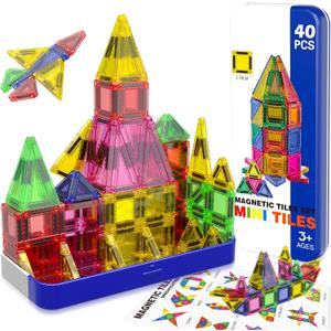 Mini Magnetic Tiles with Iron Box, 40 PCS Travel Magnetic Tiles, STEM Educational Building Set Construction Toys for Kids Ages 3+, Portable Building Toys for Toddlers, Boys & Girls Birthday Gift