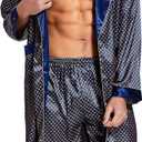Sanraflic® Mens Satin Robe Lightweight Silk Long Sleeve Bathrobe with Shorts Set Spa Kimono Sleepwear Nightwear (Blue, L)