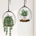 Hanging Planters for Indoor Plants - Plant Hanger Outdoor Pack of 2, Metal Plant Hanger Mid Century, Hanging Wall Ceiling Window, Gift for Mom, Plant Lovers, Housewarming (Black Metal/Walnut Wood Base)