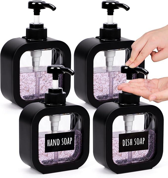 Foaming Soap Dispenser, 4 Pack 300ml (10oz) Plastic Refillable Foaming Hand Soap Dispenser with 16 Pcs Waterproof Labels, Foam Pump Bottle for Bathroom and Kitchen (Black)