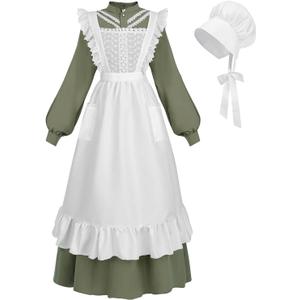 Nuoqi Prairie Dress Women Adult Pioneer Dress Long Colonial Costume with Bonnet Apron (M)