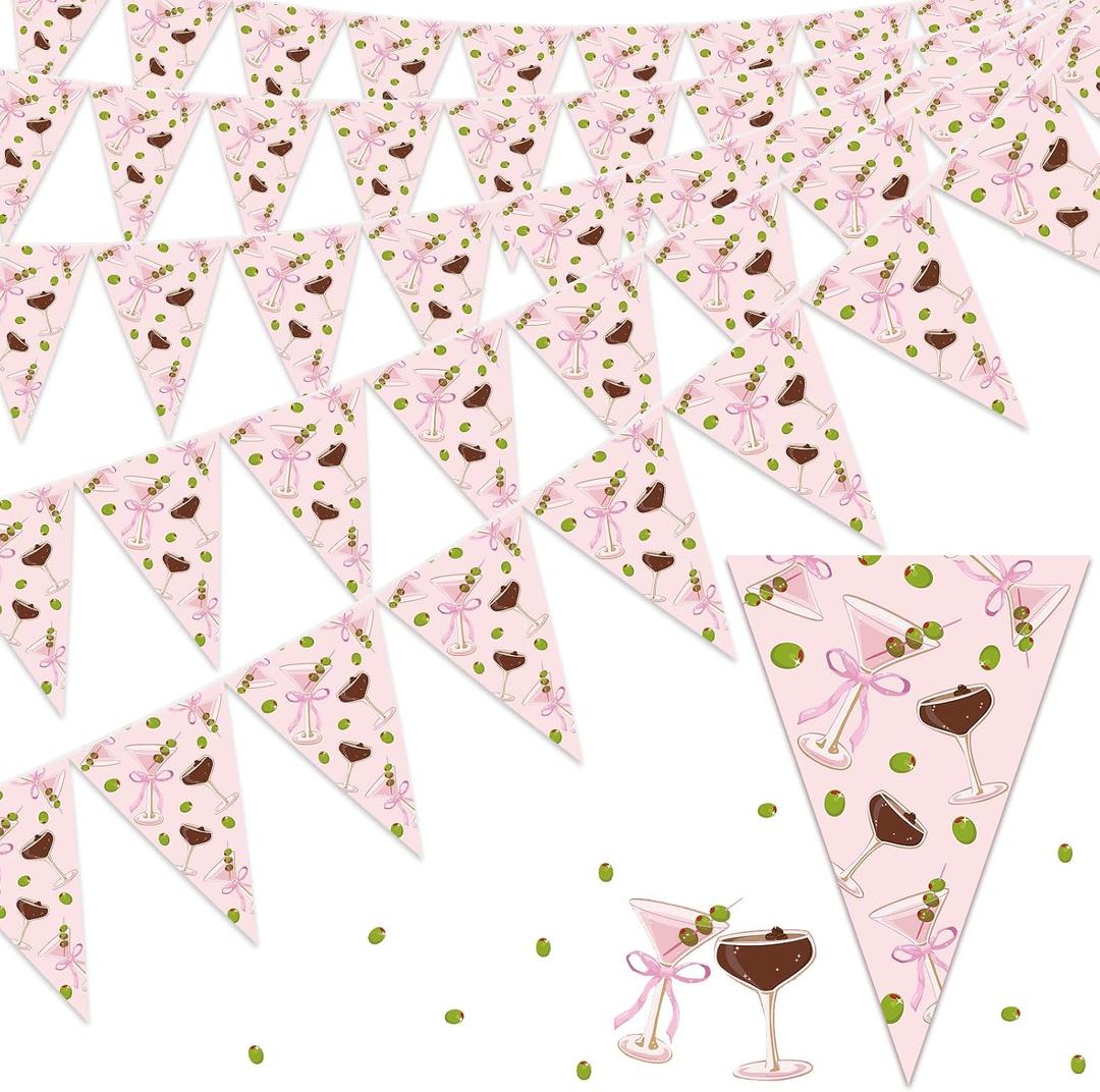 Tegeme 5 Pcs 49 ft Espresso Martini Party Triangular Banner Decorations Pink Bow Cocktail Martini Pennant Garland Party Decor for Bachelorette, Birthday, Bridal Shower, Bar, Casino, Backdrop