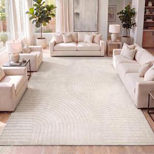 JONATHAN Y Hallie High-Low Curve Ivory/Cream Indoor/Outdoor Area Rug, 12x18, Minimalist, Pet Friendly, Non-Shedding, Stain Resistant, Hose-Washable for Backyard, Patio, Porch (SCN100B-18)