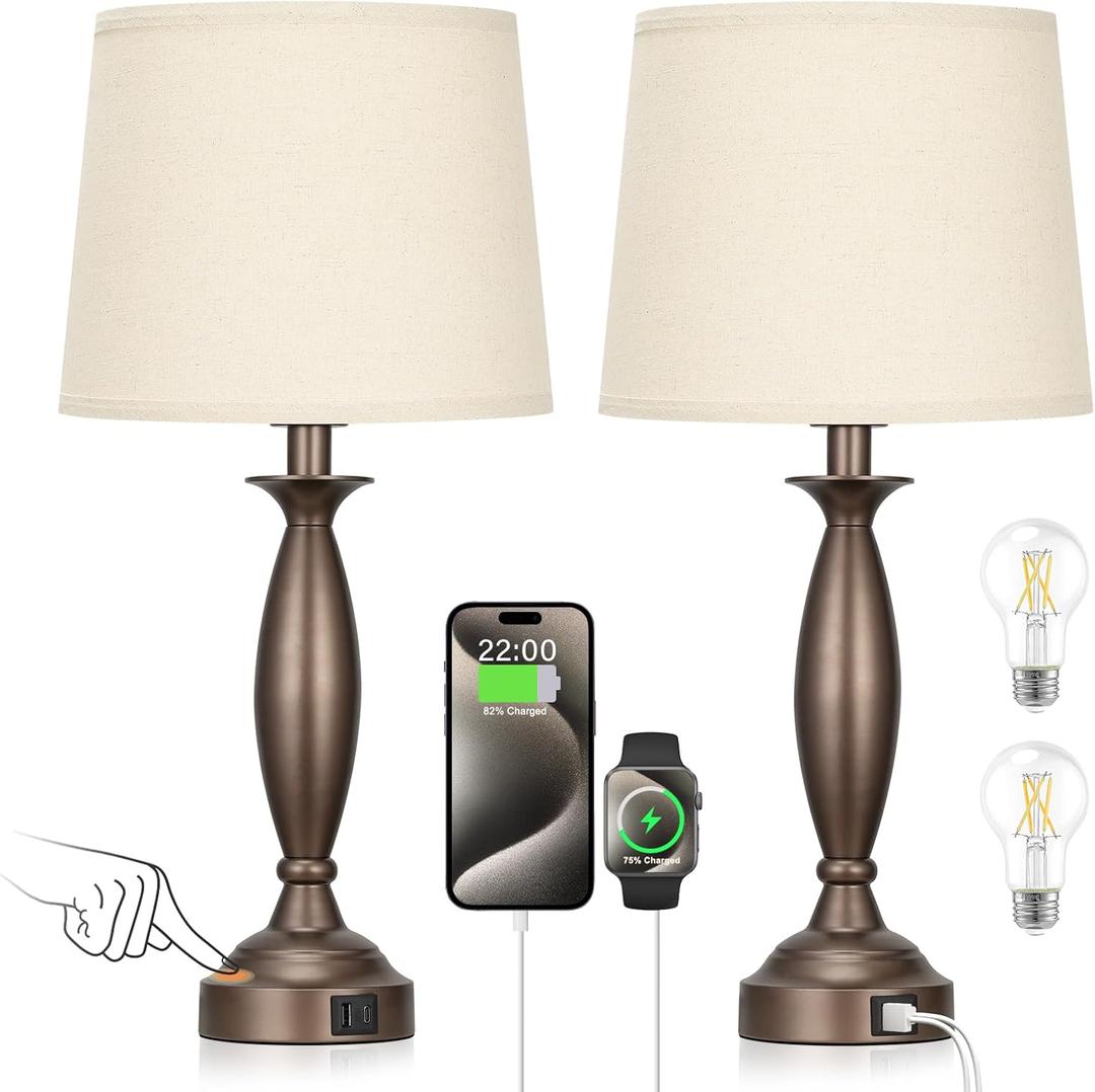 Beige Brown Lamps for Bedrooms Set of 2 - Touch Control Bedside Lamp with USB C+A, 3 Way Dimmable Nightstand Lamps with USB Port, Table Lamp for Living Room(Beige Shade and Brown Base) Beige Brown Lamps for Bedrooms Set of 2 - Touch Control Bedside Lamp with USB C+A, 3 Way Dimmable Nightstand Lamps with USB Port, Table Lamp for Living Room(Beige Shade and Brown Base)